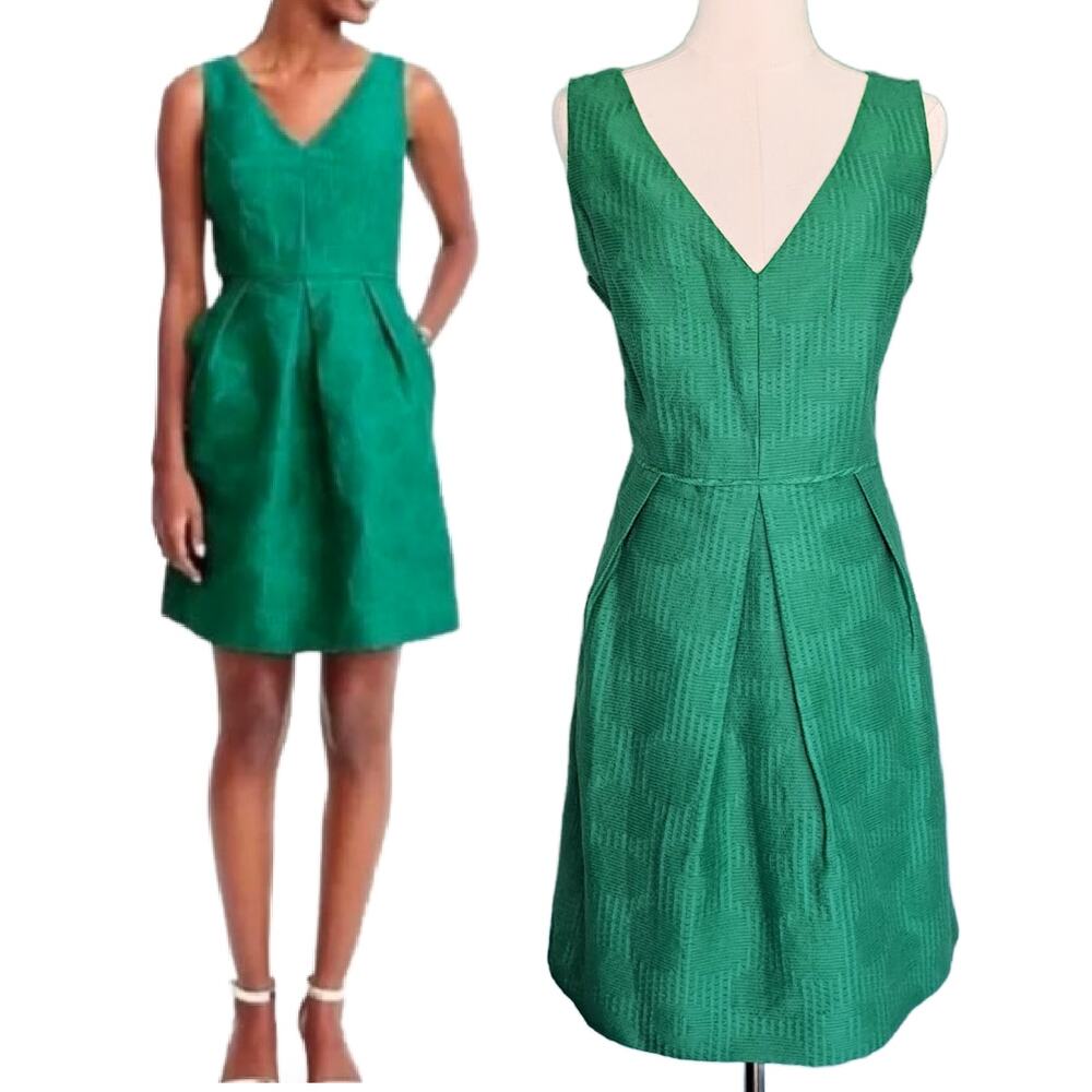 New J CREW Jacquard Fit & Flare Dress Size 8 Dublin Green V-neck Party